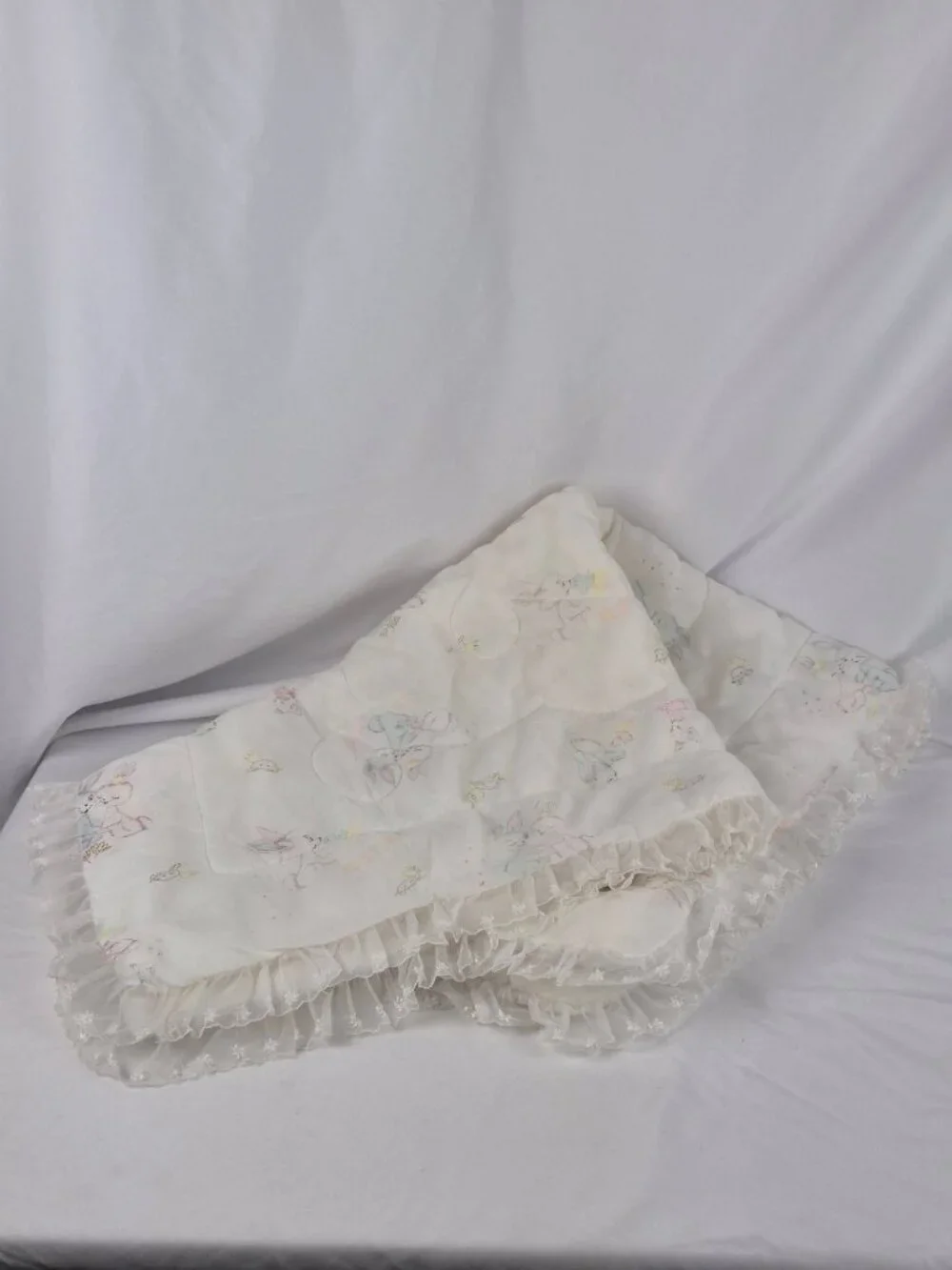 Vintage Sears Satin Quilted Baby Comforter Blanket Sheer Lace Trim Bunny Graphic